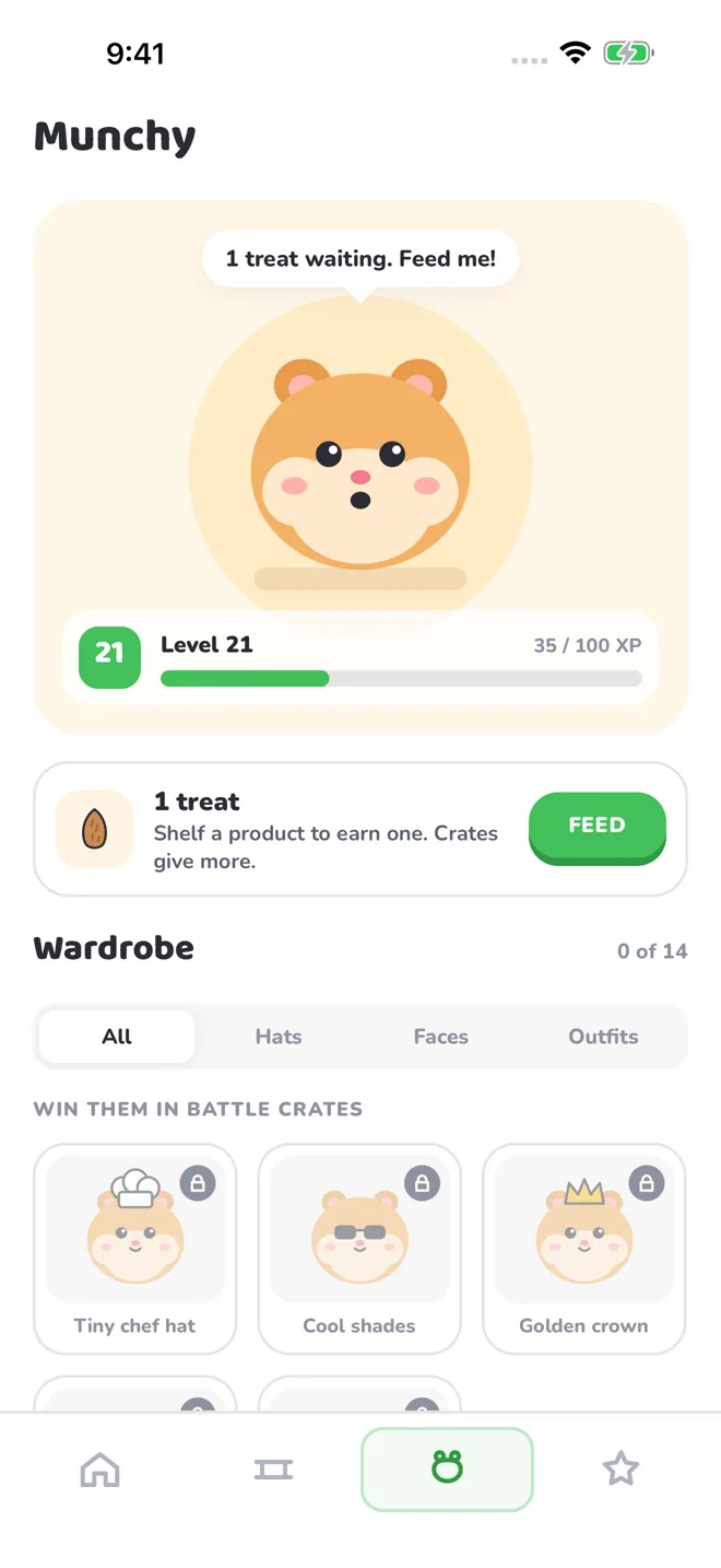 Actual Munchy mascot and wardrobe screen showing the hamster and collectible outfits.