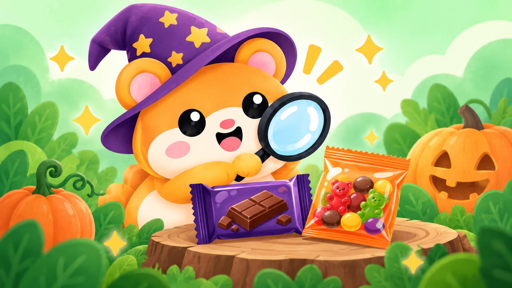Munchy's orange hamster in a purple starry wizard hat, inspecting chocolate and candy packaging beside pumpkins.
