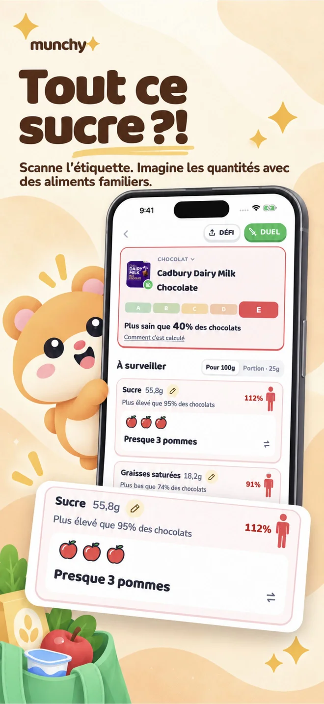 « Presque 3 pommes », c’est plus parlant que « 55,8 g » — Des équivalents du quotidien, à côté des vraies valeurs de l’étiquette, par portion ou pour 100 g.