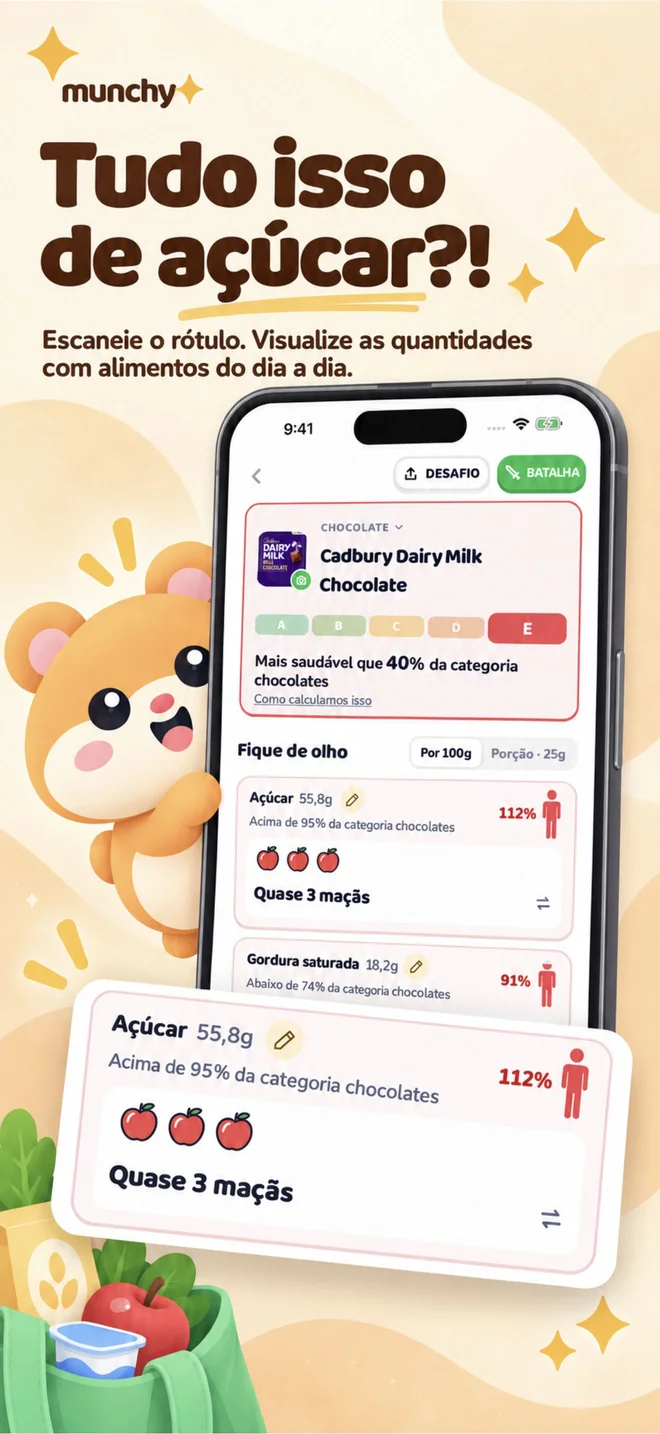 “Quase 3 maçãs” diz mais que “55,8 g” — Equivalências do dia a dia junto aos valores reais do rótulo, por porção ou por 100 g.